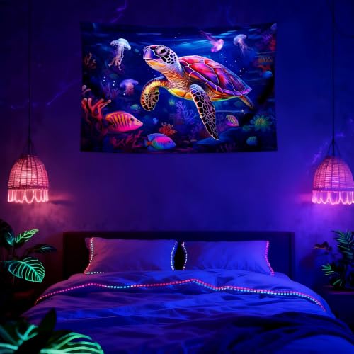 Blacklight Turtle Tapestry Glow in the Dark Ocean Tapestry Wall Hanging Black Light Sea Turtle Poster for Kids Teen Room Bedroom Decor 39.1" L x 59.1" W