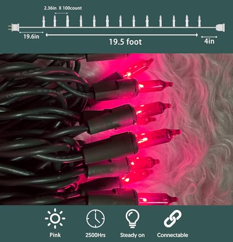 Christmas Lights 100 Count Pink Christmas Tree String Lights with Green Wire for Outdoor Indoor Christmas Decorations Wedding Decorations Valentines Day Decor
