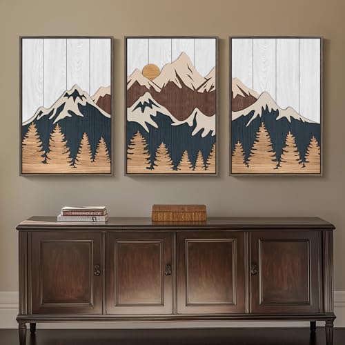 Large Framed 3D Wood Mountain Wall Art Decor for Living Room (3 Count)