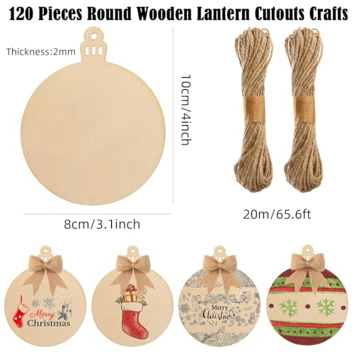 120 Pcs Wooden Christmas Ornaments Unfinished Wooden Circles with Holes Blank Round Wood Discs Slices Wooden Christmas Hanging Ornaments with Twine for DIY Crafts Present Tags Xmas Party Decor (120 Count)