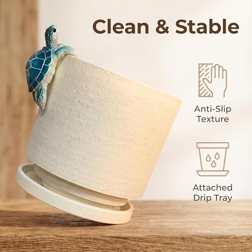 Ceramic Plant Pot with Resin Climbing Tortoise Figure