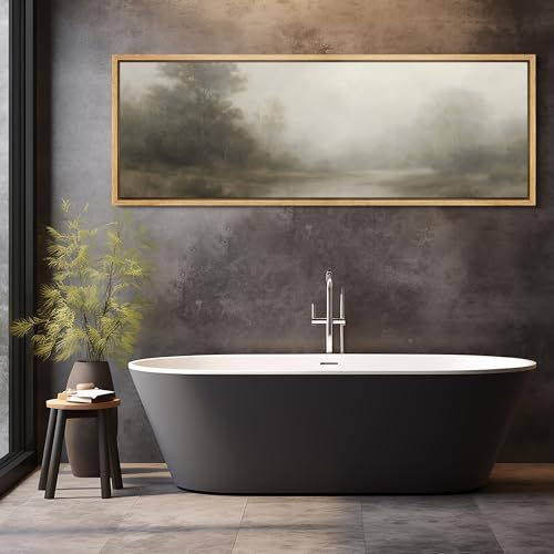 Large Framed Canvas Print Wall Art Misty Forest River Landscape Neutral Tones Nature Illustrations Decorative Colorful for Bedroom