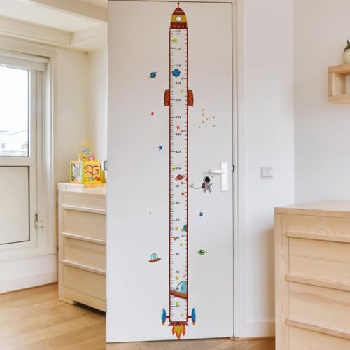 Rocket Self adheve Vinyl Nursery Wall Decal Baby Growth Chart Sticker for Bedroom Play Room Peel and Stick Kindergarten Height Measure Mural