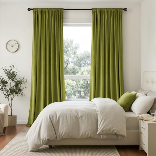 Moss Green Blackout Velvet Curtains Drapes 96 Inch Long 52"x96" (2 Count)