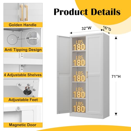 71"Metal Pantry Storage Cabinet with Doors & 4 Adjustable Shelves