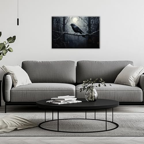 Crow Canvas Wall Art Black Crow Stand On The Branch Picture Print Moonlit Night Poster Vintage Forest Landscape Painting Artwork Living Room Halloween Decor