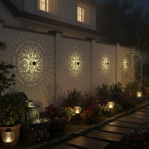 2 Pack Solar Fence Lights Metal Solar Powered Outdoor Wall Deck Step Lights Tree Theme Waterproof Fence Light for Garden Post Patio Backyard Yard Decor (2 Count)