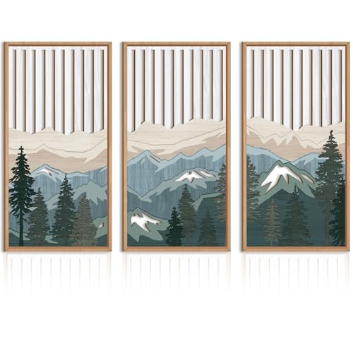 Large Mountain Wood Wall Art Framed Decor Set of 3