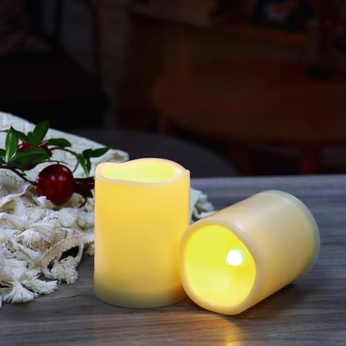 Waterproof Outdoor Battery Operated Flameless Candles with Auto Timer Flickering Plastic Resin Electric LED Pillar Lights for Lantern Patio Garden Wedding Party Decorations 3x4 Inches 6 Pack White (6 Count)