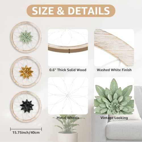 3 Piece Round Farmhouse Wall Decor with 6 Piece Interchangeable Flowers 15.75'' Medallion Wood & Metal Rustic Wall Art for Living Room Bedroom Kitchen Bathroom Dining Room Home Decorations