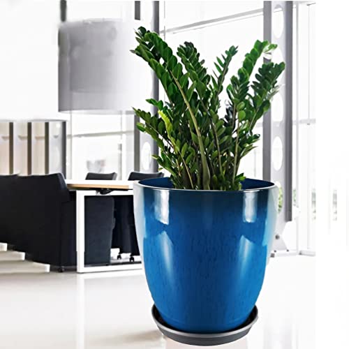 Garden Plastic Round 11.8" Diameter 12" Tall Planter Resin Glazed Faux Ceramic Flower Pots Drainage Hole with Saucer Decorative Pot 15580