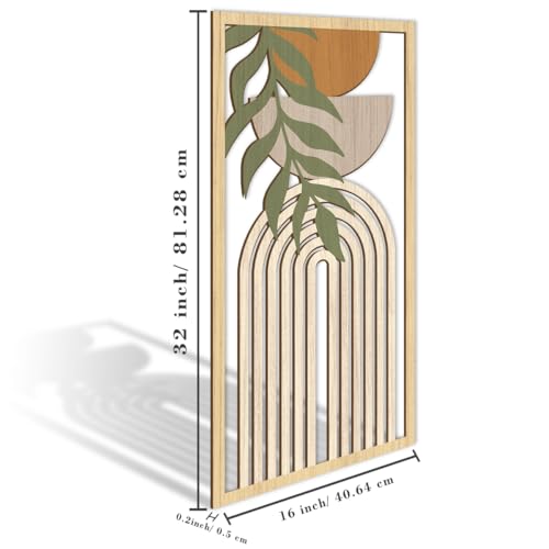 Boho Mid Century Modern Wood Wall Art 16x32 Inch Large Green Abstract Wood Wall Decor Mid Century Bohemian Artwork for Bedroom Living Room Office Kitchen Set of 3