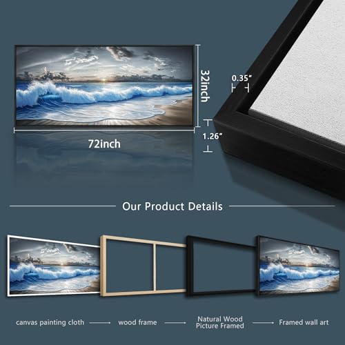 Wall Art Blue Ocean Wave Scenery Painting 32"X72" Black Frame