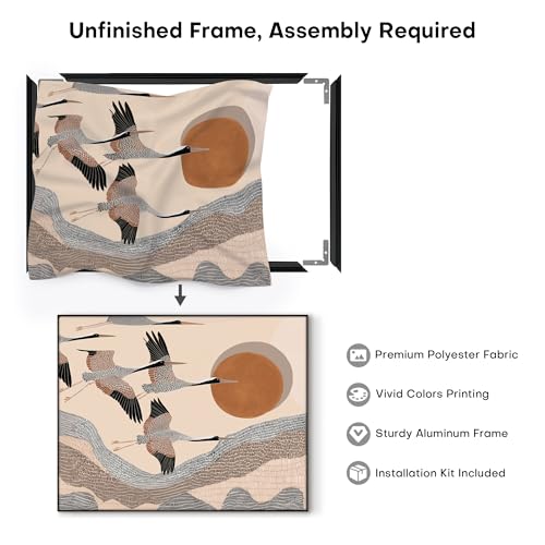 36"x46" Extra Large Framed Wall Art Flying Cranes Over Sunlit Hills Illustration for Home Living Room Bedroom Decor