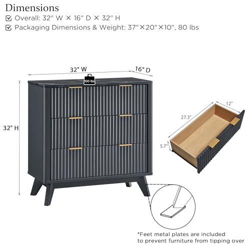 32" Large Fluted Nightstand with 3 Drawers Set of 2 (2 Count)