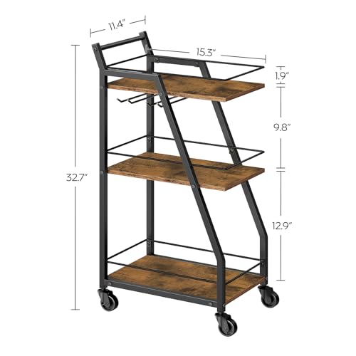 Bar Cart, 3-Tier Home Bar Serving Cart with Wheels, Drink Cart with Glass Holder, Beverage Cart, Rolling Kitchen Cart, for Home, Living Room, Rustic Brown and Black BC03BR