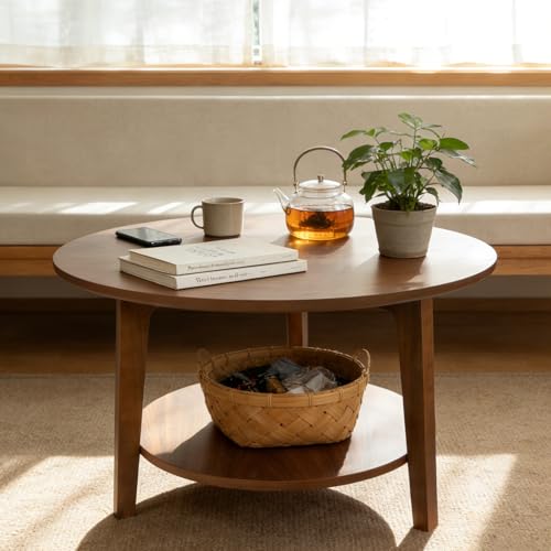 2 Tier Round Coffee Table Wood Nesting Side Table