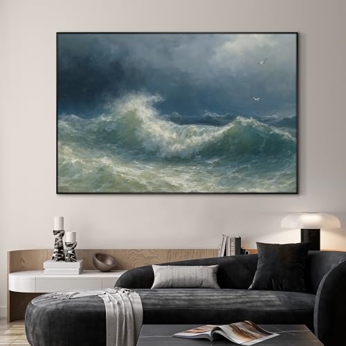 46"x72" Extra Large Framed Wall Art Dramatic Ocean Waves with Stormy Sky and Seagulls for Home Living Room Bedroom Decor