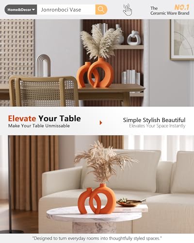 Set of 2 Orange Ceramic Vases for Home Decor Accents