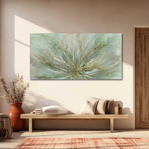 Green Flowers Canvas Wall Art Modern Paintings with Gold Foil Abstract Nature Wall Decorations for Home Office Living Room Bedroom 24" x 48"