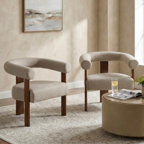 Barrel Accent Chairs Set of 2 with Armrests and Walnut Wood Legs (2 Count)