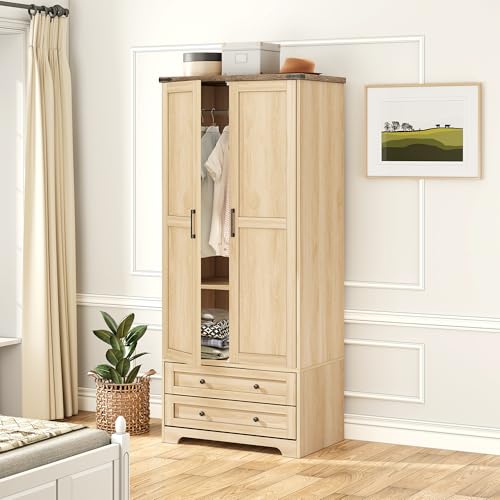 2 Doors Wooden Armoire Wardrobe Closet with 2 Drawers