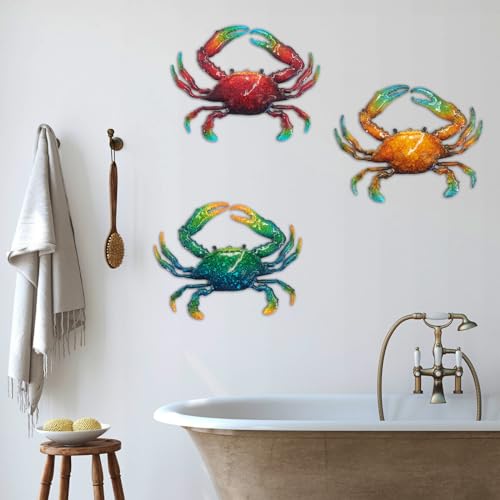 Metal Crab Sea Wall Decor Outdoor Garden Hanging Art Sculptures Home Ocean Theme Decorations for Kitchen Bathroom and Pool (3 Count)