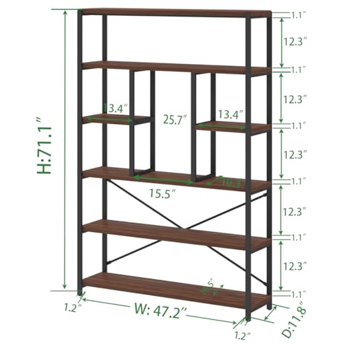 6 Tier Industrial Bookshelf for Bedroom Living Room Office