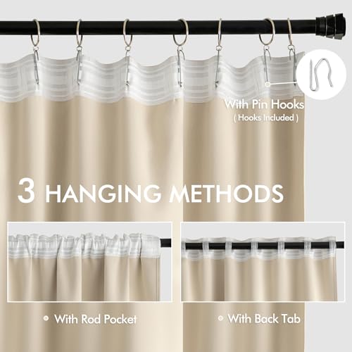 Cream Beige Back Tab Blackout Curtains 52x105 Inch Long 2 Panels Set (2 Count)
