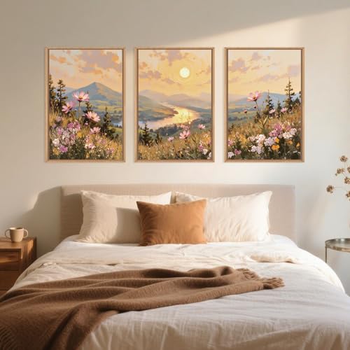 Large Boho Sunset Wildflower Framed Canvas Wall Art