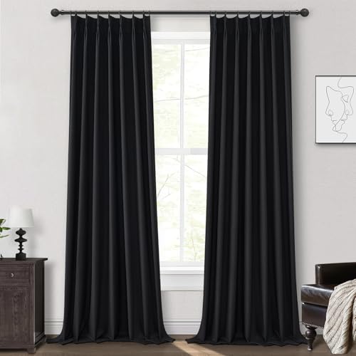 Long Black Pinch Pleat Linen Blackout Curtains 100 Inches Long for Bedroom (2 Count)