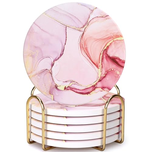6 Pcs Pink Marble Abstract Ceramic Coasters with Holder for Coffee Table (6 Count)