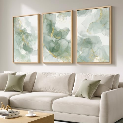 Large Framed Sage Green Abstract Wall Art for Living Room (3 Count)