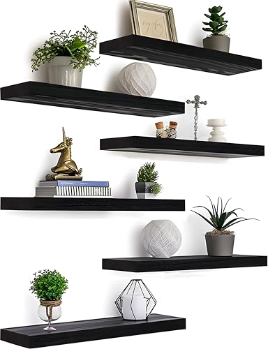 Black Wood Floating Shelves for Wall Rustic Wall Shelves for Bedroom Set of 6 (6 Count)