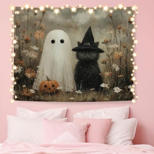 WHCHJ Halloween Ghost and Black Cat Tapestry