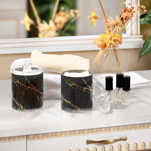 2 Pack Qtip Holder Organizer Dispenser Gold Black Marble Texture Bathroom Storage Canister Cotton Ball Holder Container for Cotton Pads (2 Count)