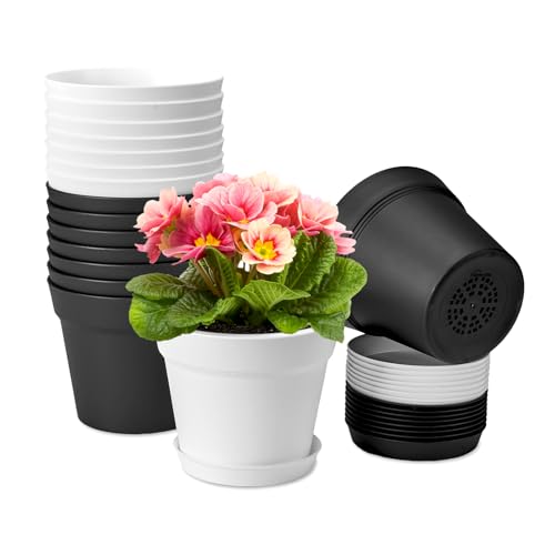 6 Inch Plastic Flower Pots with Drainage Holes and Trays (16 Count)