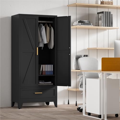 71'' Black Farmhouse Metal Wardrobe Cabinet with Hanging Rod