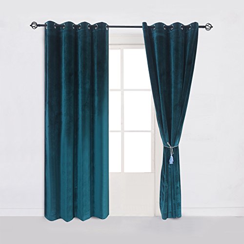 Super Soft Luxury Velvet Dark Green Blackout Energy Efficient Grommet Curtain Panel Drapes Peacock Blue 52Wx108L