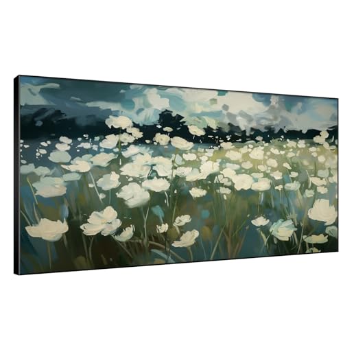 24"x46" Extra Large Framed Wall Art White Wildflower Field in Impressionist Style
