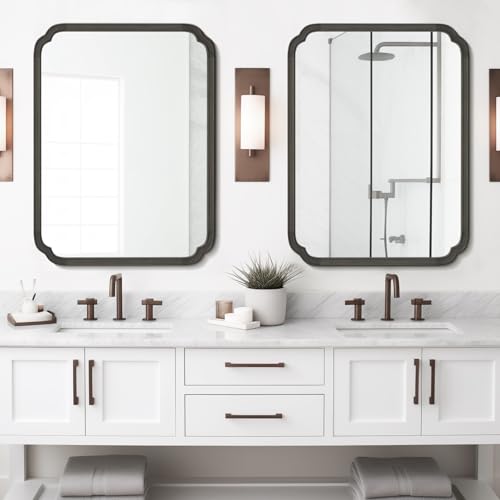 28" x 40" Rounded Corner Arch Wall Mirror with Wood Frame for Entryway