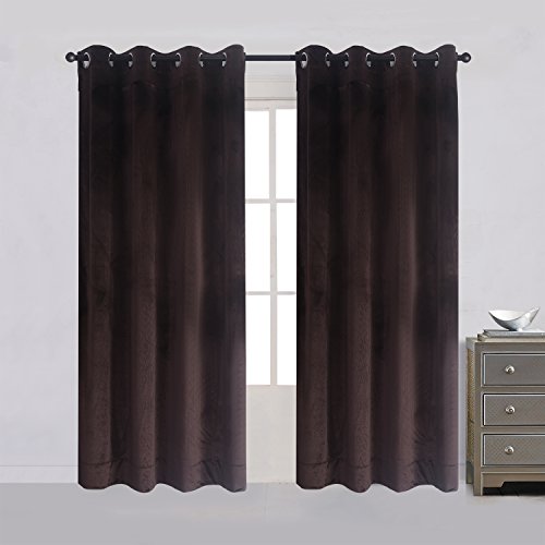 Set of 2 Velvet Flannel Room Darkening Blackout Curtains Panels Drapes Grommet 52 Wide by 108 Long Brown for Living Room (2 Count)