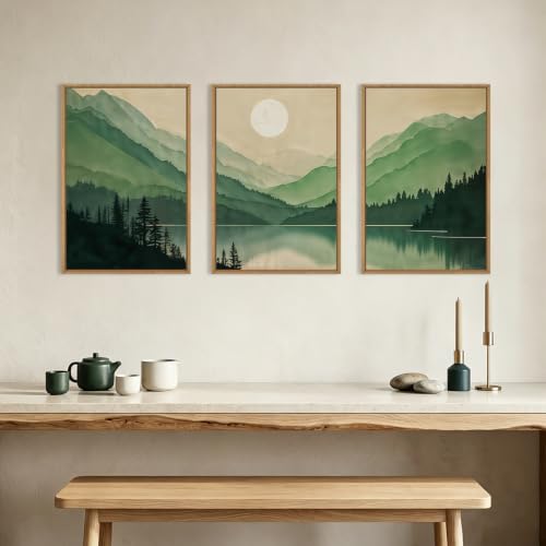 Green Boho Mountain Lake Framed Canvas Wall Art Set