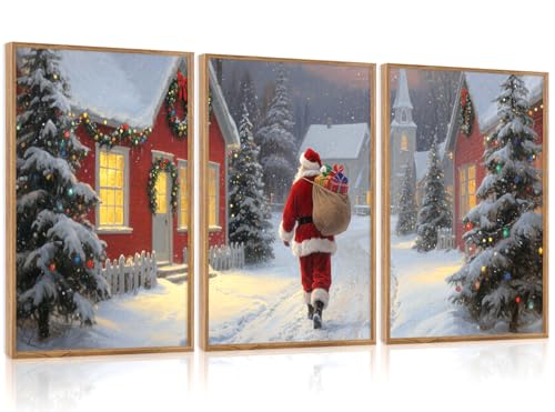 3 Pcs Santa Is Coming To Town Framed Wall Art 12x16 Inch