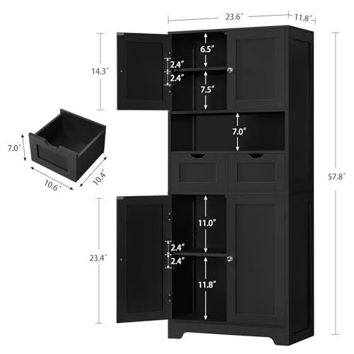 57.8" H Tall Storage Cabinet with 2 Drawers & 2 Adjustable Shelves