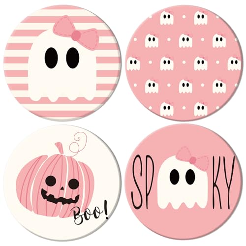 4Pcs Halloween Ceramic Coasters Pink Ghost Pumpkin Drink Coasters Absorbent Cup Mat for Mug Cup Home Kitchen Party Table Decor (4 Count)