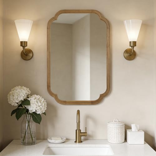 20" x 30" Wood Mirror Rounded Corner Arch Wall Mirror with Wood Frame for Entryway
