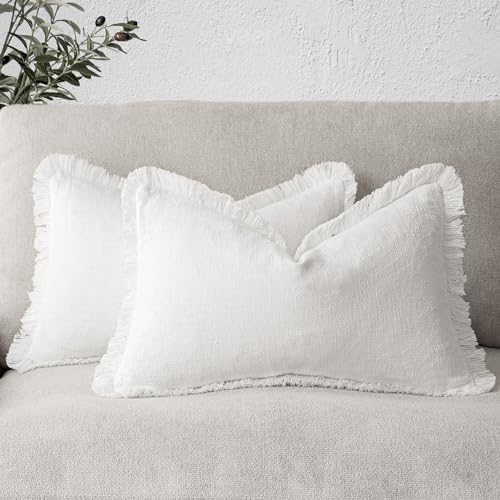 Decorative Linen Fringe Lumbar Throw Pillow Covers 12×20 White (2 Count)