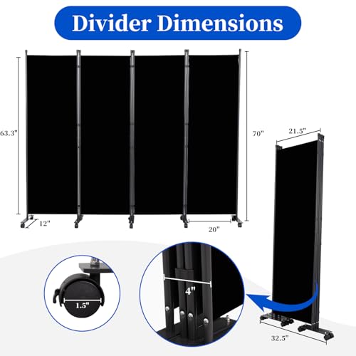 Room Divider 6FT 4 Panel Folding Privacy Screen with Lockable Wheels