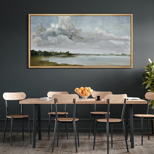Extra Large Framed Canvas Print Wall Art Tranquil Landscape Soft Brushstroke Lake Scene Illustrations Antique Retro Fine Art Illustrations Decorative Colorful for Bedroom